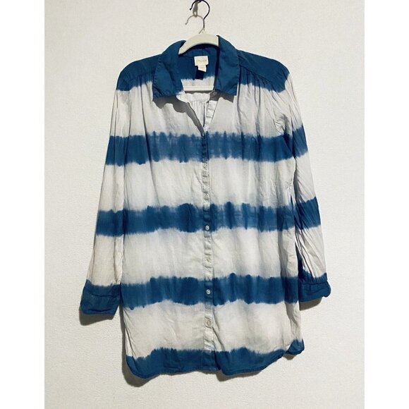 Chicos Top Womens Large Tie Dye Striped Button Front 3/4 Sleeve Lightweight Blue - Picture 1 of 8